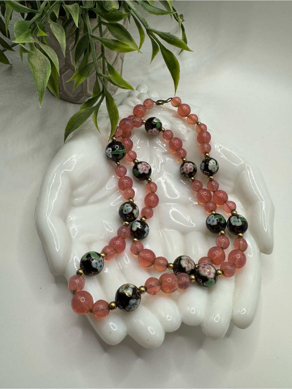 Vintage black cloisonné and pink glass beads necklace, EUC. 27”